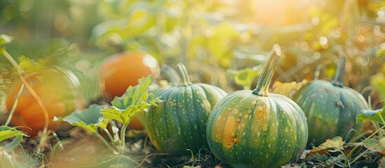 Poster - green and orange pumpkins in garden or on fair. autumn harvest time. natural fall background. with copy space image. Place for adding text or design