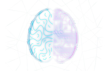 Poster - A stylized illustration of a human brain with one half circuitry on a geometric white background, reflecting the concept of artificial intelligence