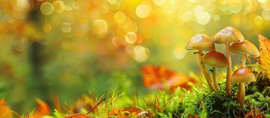 Leinwandbilder - Mushroom growing in the forest broadleaf trees pastel background. with copy space image. Place for adding text or design