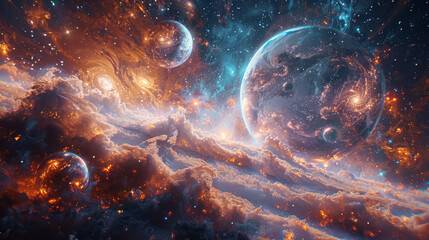 planets in space, rendered in cinema4D chrome effect, dreamy fantasy colors, holographic galaxy wallpaper, background