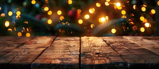 Poster - rustic wood table in front of christmas light night. with copy space image. Place for adding text or design