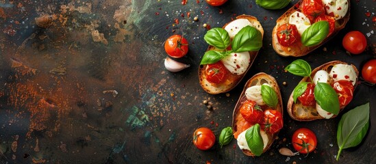 Leinwandbilder - Bruschetta with roasted tomatoes, mozzarella cheese, garlic and basil. Copy space image. Place for adding text or design