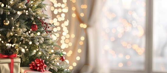 Aufkleber - Christmas tree with presents, Garland lights Interior new year winter holiday background. with copy space image. Place for adding text or design