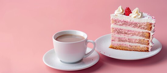 Fototapete - Cake and cup of coffee pastel background  Food  Coffee. with copy space image. Place for adding text or design