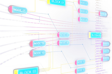 Poster - An abstract digital network diagram with interconnected nodes and blocks on a radiant light blue background, symbolizing connectivity and data organization
