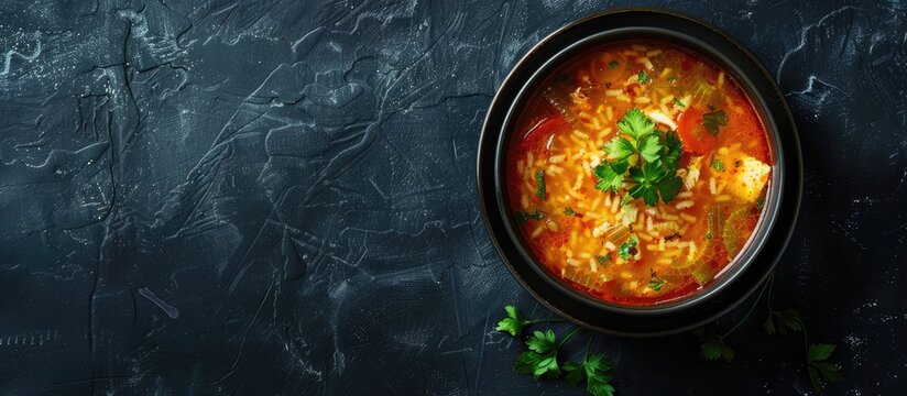 Bowl of hot soup on black background. Copy space image. Place for adding text or design