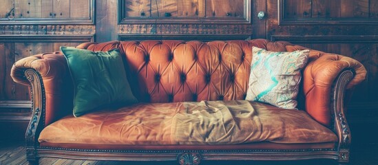 Poster - Pillow on sofa decoration interior - Vintage Film Filter. with copy space image. Place for adding text or design