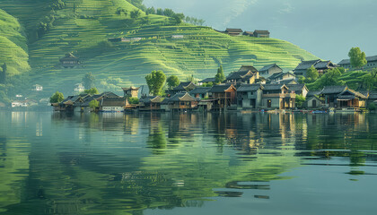 Wall Mural - A small town with houses and a lake in the background