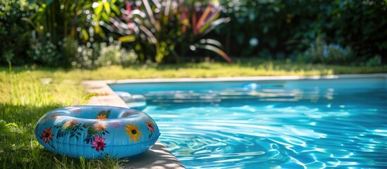 Poster - inflatable wheel for learning to swim in the garden pool. Copy space image. Place for adding text or design