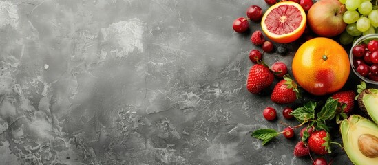 Leinwandbilder - Different products on grey table. Healthy food and balanced diet. Copy space image. Place for adding text or design