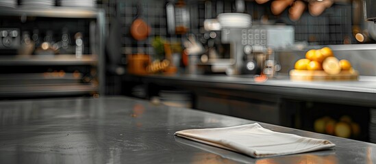 Poster - dark interior of kitchen and restaurant with napkin and desk . with copy space image. Place for adding text or design