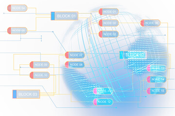 Poster - Diagram with interconnected nodes and blocks, digital and network concept on a gradient blue background