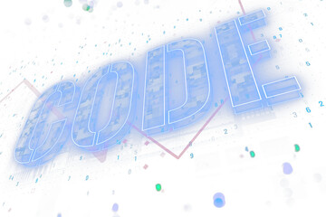 Poster - Transparent 3D CODE text overlaying a digital background with various numbers and shapes, signifying code or data concept