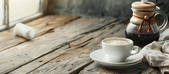 Aufkleber - coffee cup or coffee maker on the table , beautiful cafe . with copy space image. Place for adding text or design