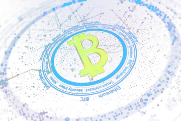 Poster - A conceptual Bitcoin symbol with blockchain-related text and graphics depicted in a holographic style on a white and blue background