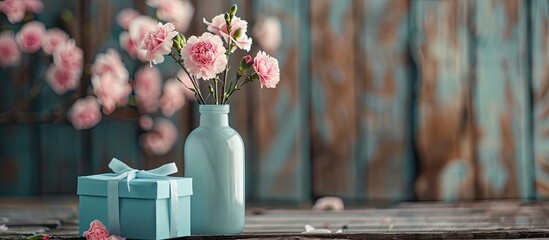 Poster - Pink carnation flowers in bottle and blue gift box on old wood. with copy space image. Place for adding text or design