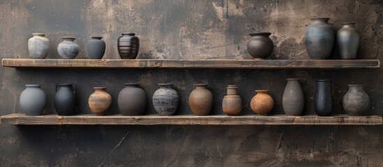 Poster - Dark vases lined up on a plywood shelf. with copy space image. Place for adding text or design