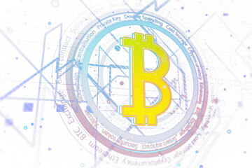Poster - A Bitcoin symbol over a complex, abstract background suggestive of blockchain technology and cryptocurrency concepts