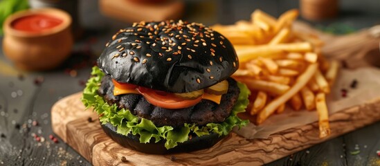Leinwandbilder - Black burger on a light wooden board. The filling consists of the spirit of cutlets, cheese, sauce and vegetables. Next to the burger fries. pastel background. Closeup. Macro shooting