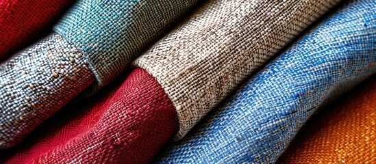 Poster - Detailed close up view on fabric and textile surfaces in different colors. with copy space image. Place for adding text or design