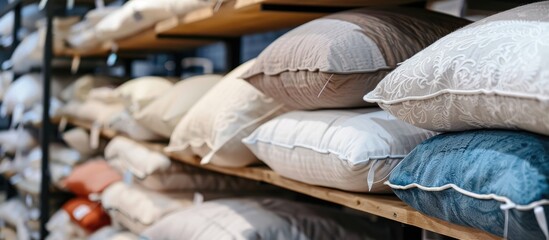 Poster - Pillows on the shelves in the store. Comfortable sleep and cozy home. Close-up. Vertical. with copy space image. Place for adding text or design