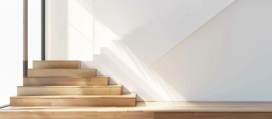 Poster - white modern wooden Staircase and white wall close-up, house interior. with copy space image. Place for adding text or design