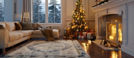 Aufkleber - Cozy Christmas interior of living room with beautiful fir tree. with copy space image. Place for adding text or design