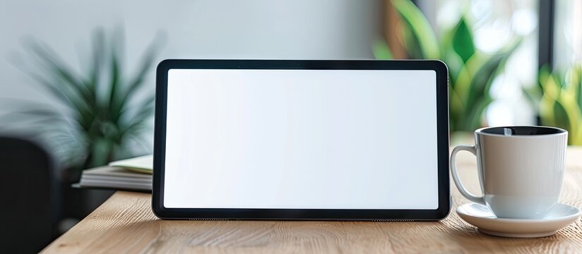 Tablet blank white screen of placed on table office . Mock up. with copy space image. Place for adding text or design