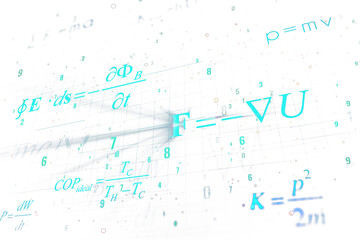 Poster - Mathematical equations overlay on a transparent grid, with a light, clean design on a white background, concept of science and education