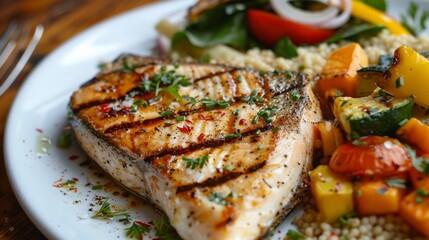 Canvas Print - A plate of grilled swordfish steak with a side of couscous salad and roasted vegetables