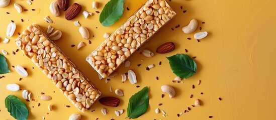 Poster - Honey bars with peanuts, sesame and sunflower seeds isolated pastel background. with copy space image. Place for adding text or design