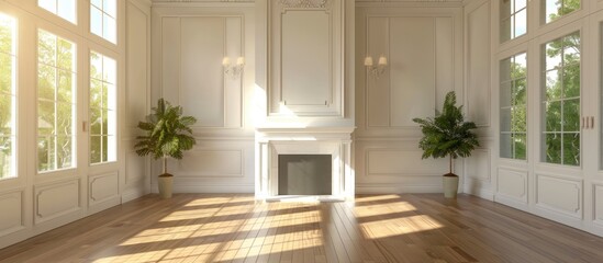 Poster - New built living room with fireplace. with copy space image. Place for adding text or design