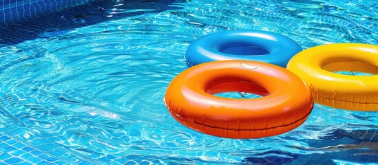 Poster - inflatable wheel for learning to swim in the garden pool. Copy space image. Place for adding text or design