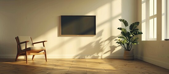 Poster - Plasma TV on the wall of the room with wooden floor and empty chair. with copy space image. Place for adding text or design