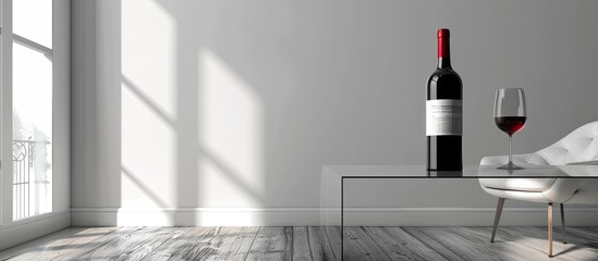 Poster - Three dimensional interior room with wine bottle on glass table. with copy space image. Place for adding text or design