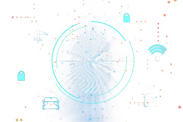Poster - Abstract digital fingerprint scan concept with icons on a light layout background, in a clean and modern design style