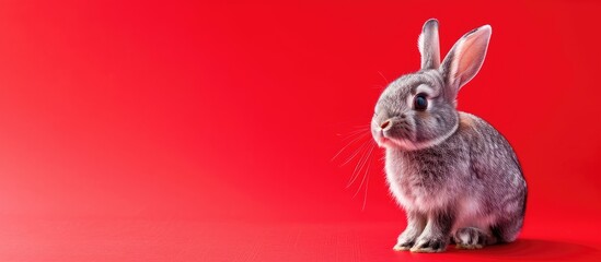 Poster - Animal portrait: bicolor bunny on a red background. Selective focus. with copy space image. Place for adding text or design