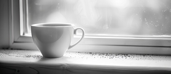 Wall Mural - White cup of coffee on a sunlit window sill. Black and white image, selective focus. with copy space image. Place for adding text or design