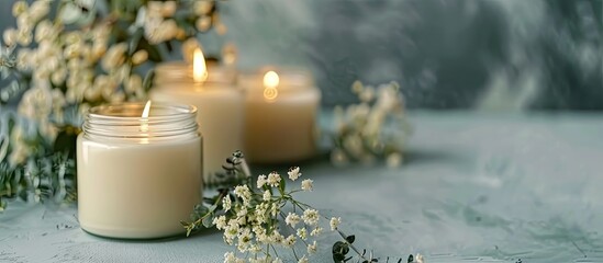 Poster - Handmade soy candles of unique design. Hygge Scandinavian style concept withcandles. Relaxation atmosphere. Lifestyle blog concept. Style modern minimal. Selective focus. with copy space image