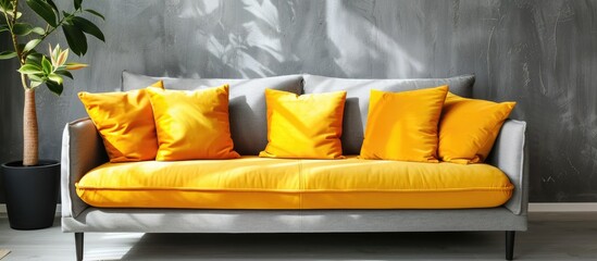 Poster - Bright yellow cushions decorating a gray sofa. with copy space image. Place for adding text or design