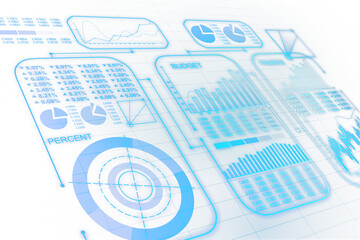Poster - An assortment of financial charts, graphs, and infographics in blue tones on a white background, representing data analysis