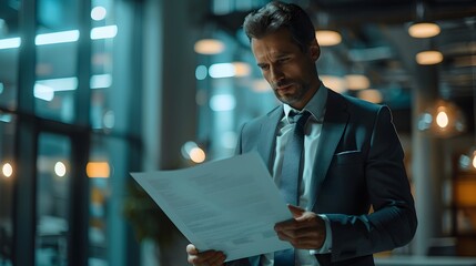 Poster - Focused Businessman Reviewing Annual Financial Report in Modern Office Setting