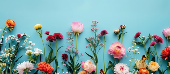 Poster - Colorful abstract flower arrangements on a turquoise background. with copy space image. Place for adding text or design