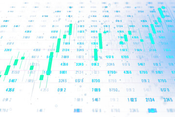 Poster - An abstract financial chart with candlestick patterns on a blurred numerical data background, representing the concept of stock market analysis