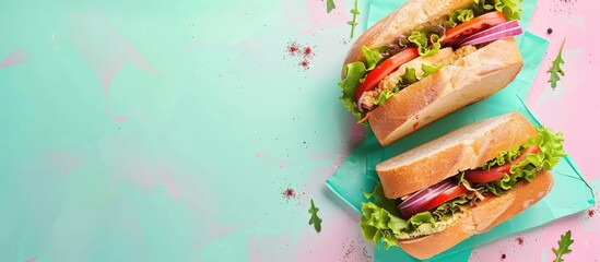 Wall Mural - Two double sandwiches with fresh and delicious ingredients isolated on a pastel background. with copy space image. Place for adding text or design