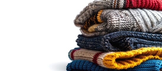 Stack of various sweaters isolated on white background. Copy space image. Place for adding text or design