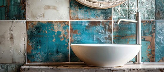 Poster - Wall decoration with ceramic tiles in the bathroom with a washbasin. with copy space image. Place for adding text or design