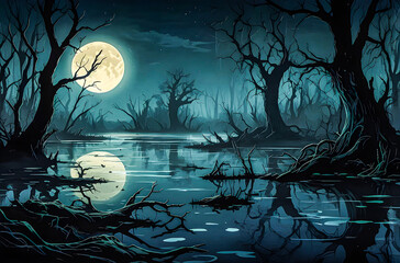 Wall Mural - vector art illustration, a spooky swamp scene under a pale moon, with gnarled trees emerging from th