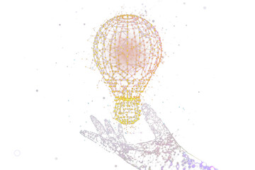Poster - A digital hand holding a wireframe lightbulb on a white background, symbolizing innovation and ideas