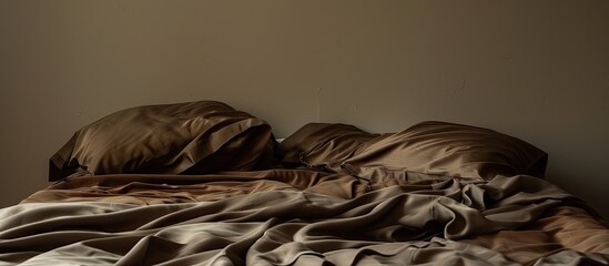 Poster - brown satin sheets on bed. with copy space image. Place for adding text or design